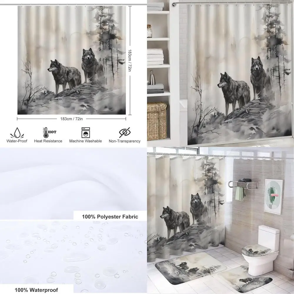 

4-Piece Wolf Forest Shower Curtain Set with Animal Theme, Includes Rug, Bath Mat, Toilet Cover, and 12 Hooks