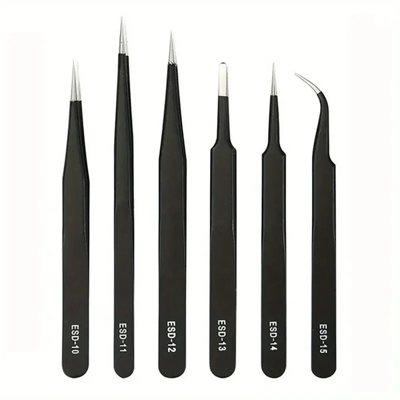 Precision ESD Anti-static Tweezers Set -6-pc Stainless Steel Tool for Electronic Repair and Process Modeling, Bending 2026