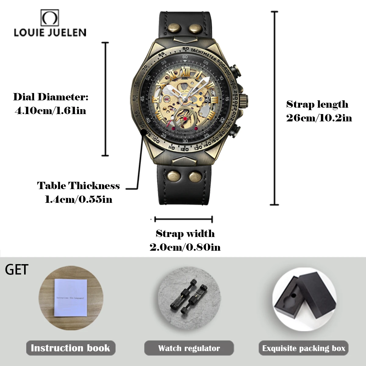 LOUIE JUELEN Bronze Automatic Mechanical Steel Belt Waterproof Watch Retro Men's Fashion Casual Watch