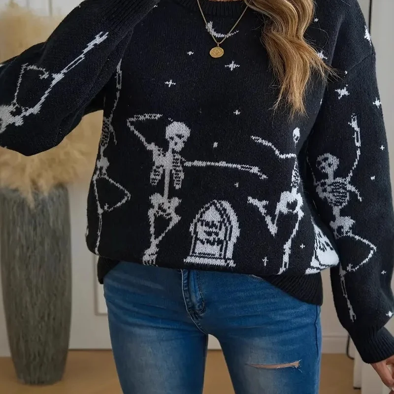 

2025 New Arrival Cross-Border Women's Knitted Sweater loween Skull Pattern Bla Skeleton Head Embroidery Faionable Ladi...