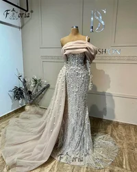 African Woman Wedding Dresses with Side Train Pearls Beaded One Shoulder Long Sleeve Evening Formal Event Gown Plus Size Prom