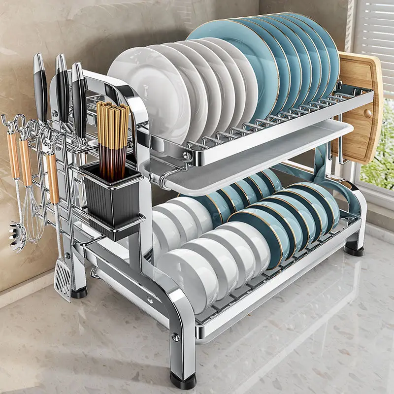 متوفر في المخزون 304 رف تخزين المطبخ من الفولاذ المقاوم للصدأ ورف الصرف رف وعاء متعدد الوظائف وعاء تخزين عيدان تناول الطعام