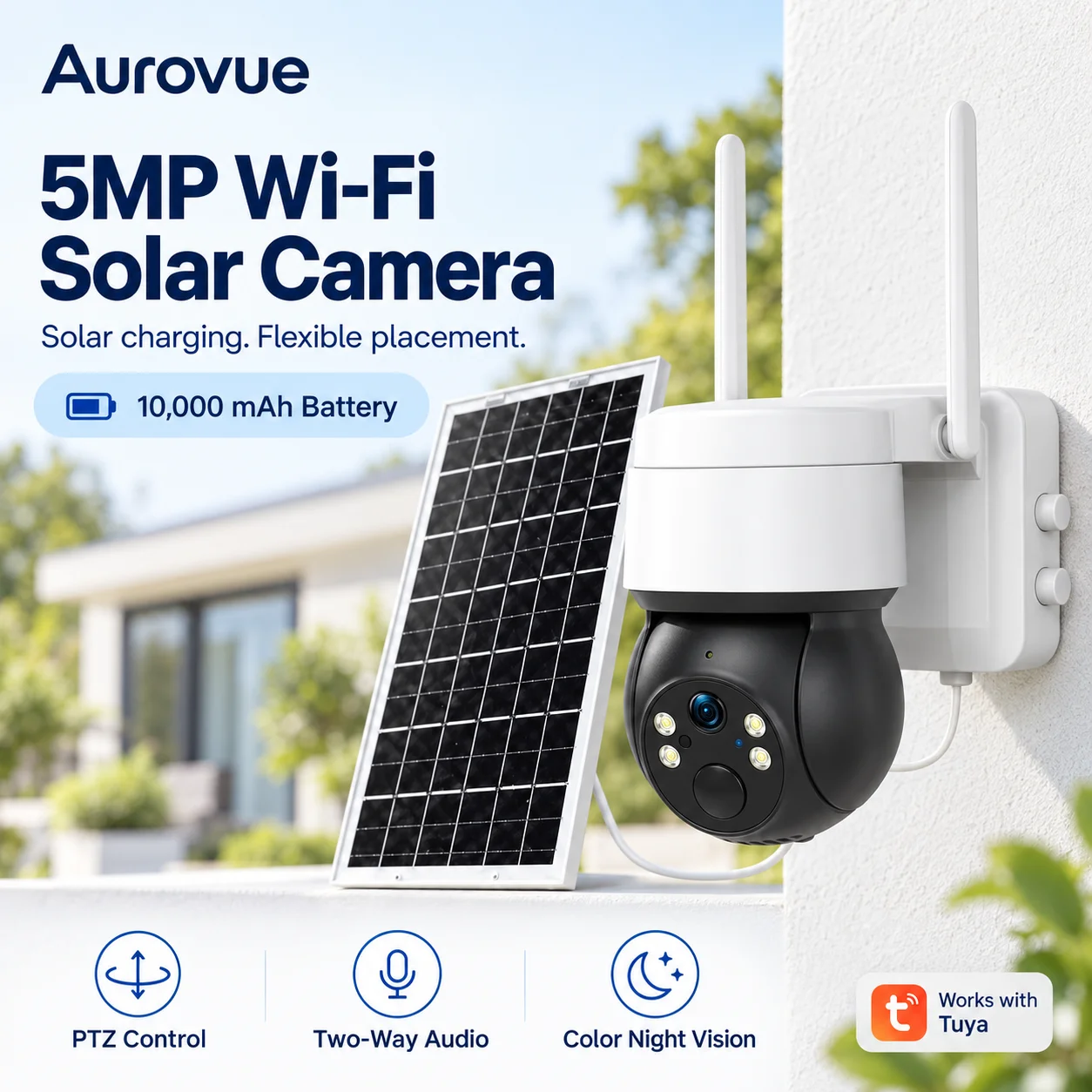 5MP Tuya Solar-WLAN-Sicherheitskamera für Außenbereich 360 °   PTZ 10000mAh wiederaufladbarer Akku, 5W Solarpanel, Vollfarb-Nachtsicht, Zwei-Wege-Audio, Bewegungserkennung, TF-Karte und Cloud-Speicher