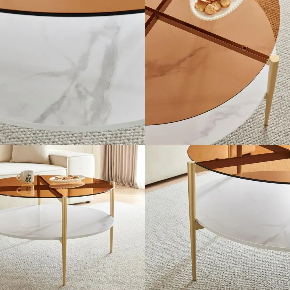 

Round Glass Top Wooden Coffee Table with Two-Tier Storage, 30-Inch White Frame & Gold Legs for Living Room