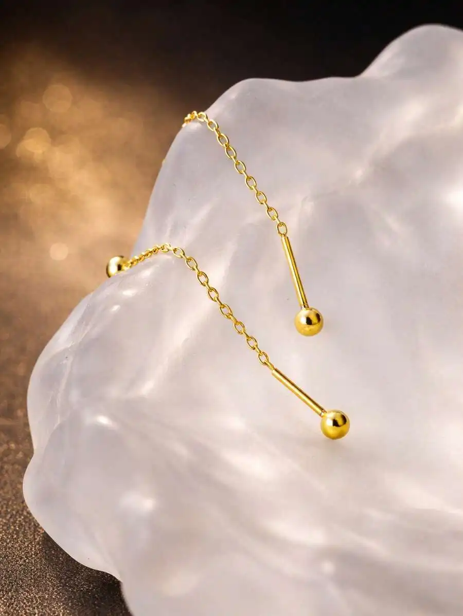 Anillo de ombligo largo de plata de ley S925 con cuentas brillantes y cadena para mujer