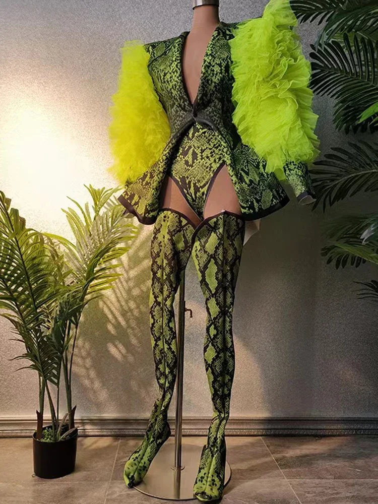 

fashion sexy Three piece set fluorescent green snake print Halloween leotard women festival bodysuit outfit performance