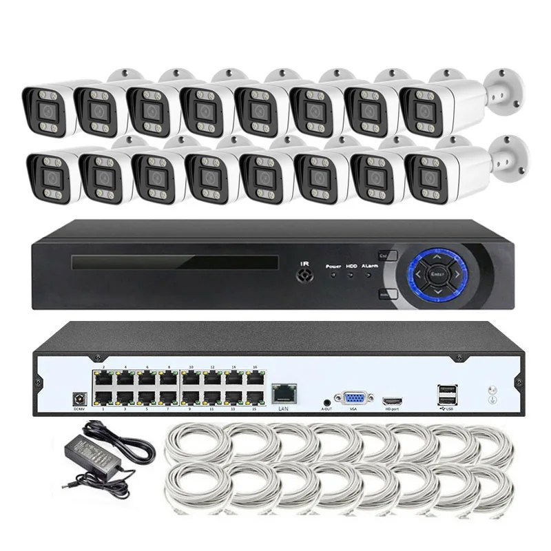 CCTV Camera System 4K 16CH POE Home Security CCTV Camera Kit With 4K NVR And 16PCS 8MP IP Camera And Cables