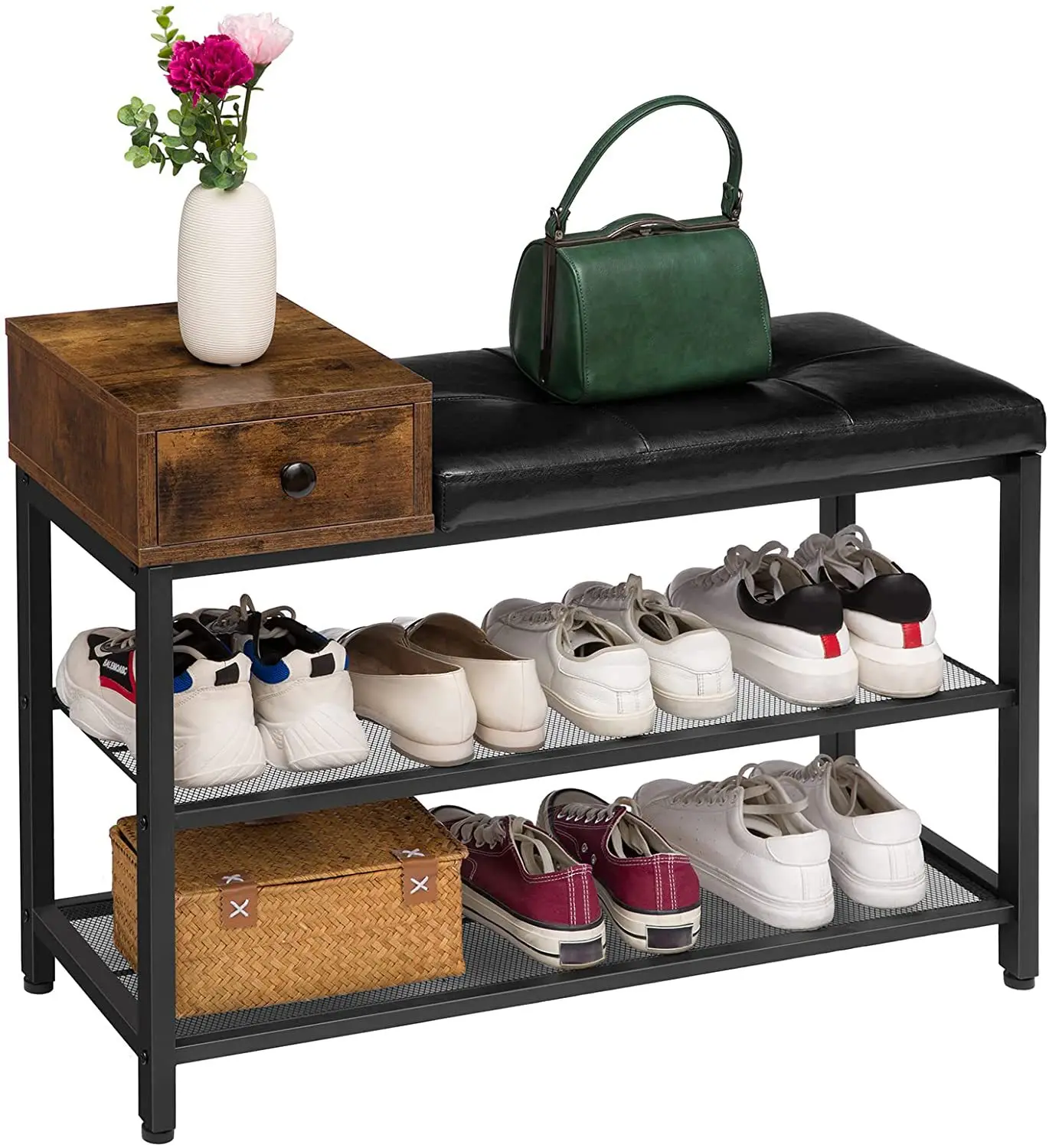

￥#3-tier Metal Frame Shoes Organizer Rack with Seat Shoe Rack Stand for Entryways