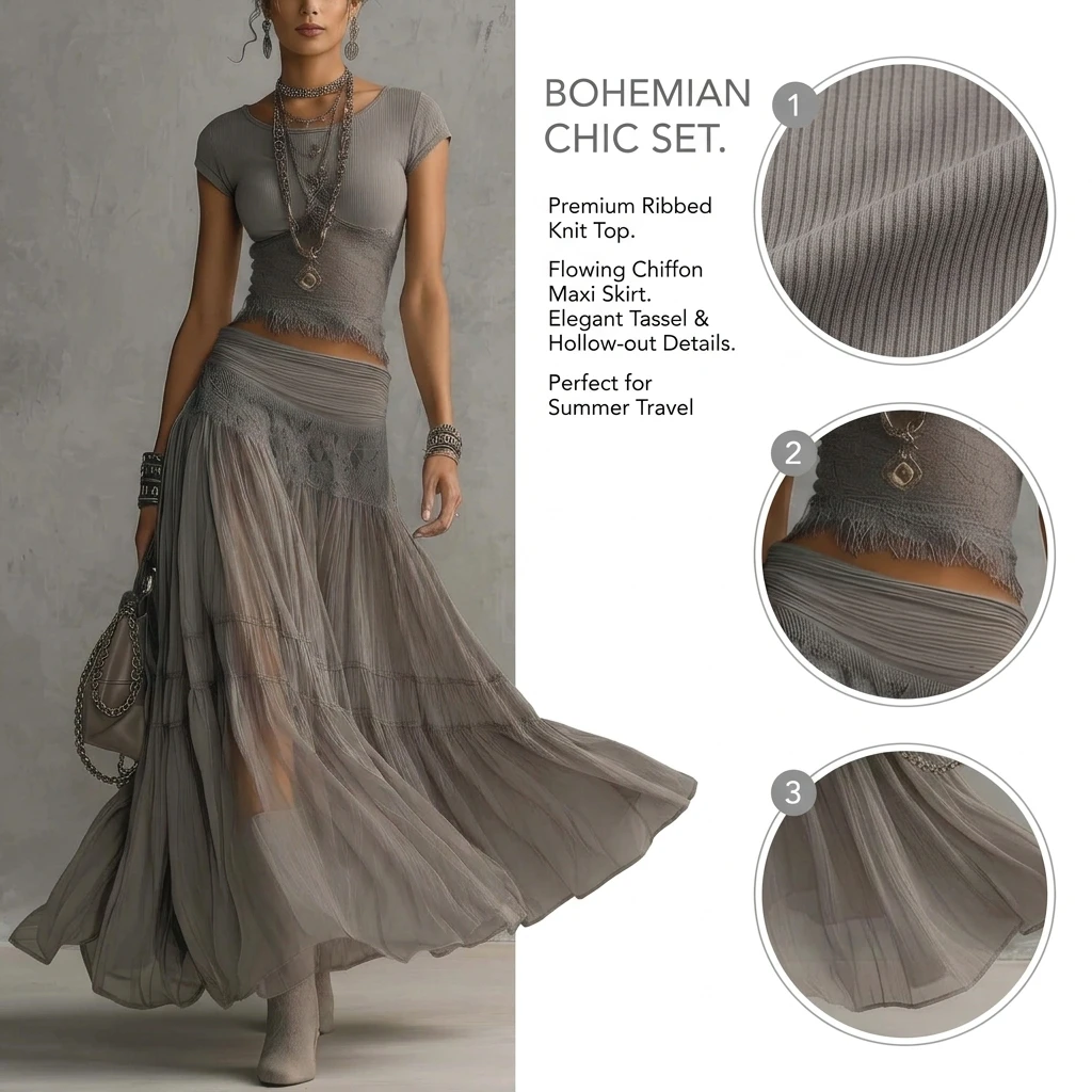 2 Piece Skirt Set Women Bohemian Grey Knit Top and Flowy Chiffon Pleated Maxi Skirt - view 3