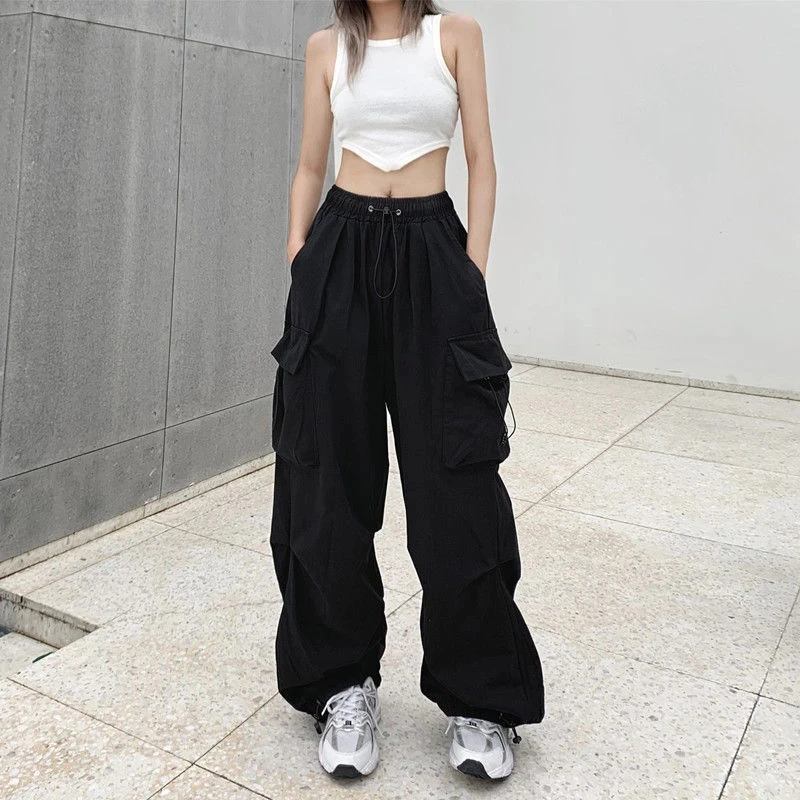 Women Big Pockets Cargo Pants Y2K Harajuku Drawstring Oversized Pants Female Street Style Solid Sweatpants Joggers Trousers