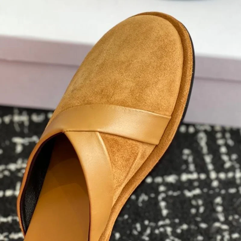 خياطة الأحذية للسيدات جولة تو كعب مسطح النعال الإناث الصلبة خطوط الخياطة المرأة البغال الجلد المدبوغ Zapatos Mujer المخملية فام