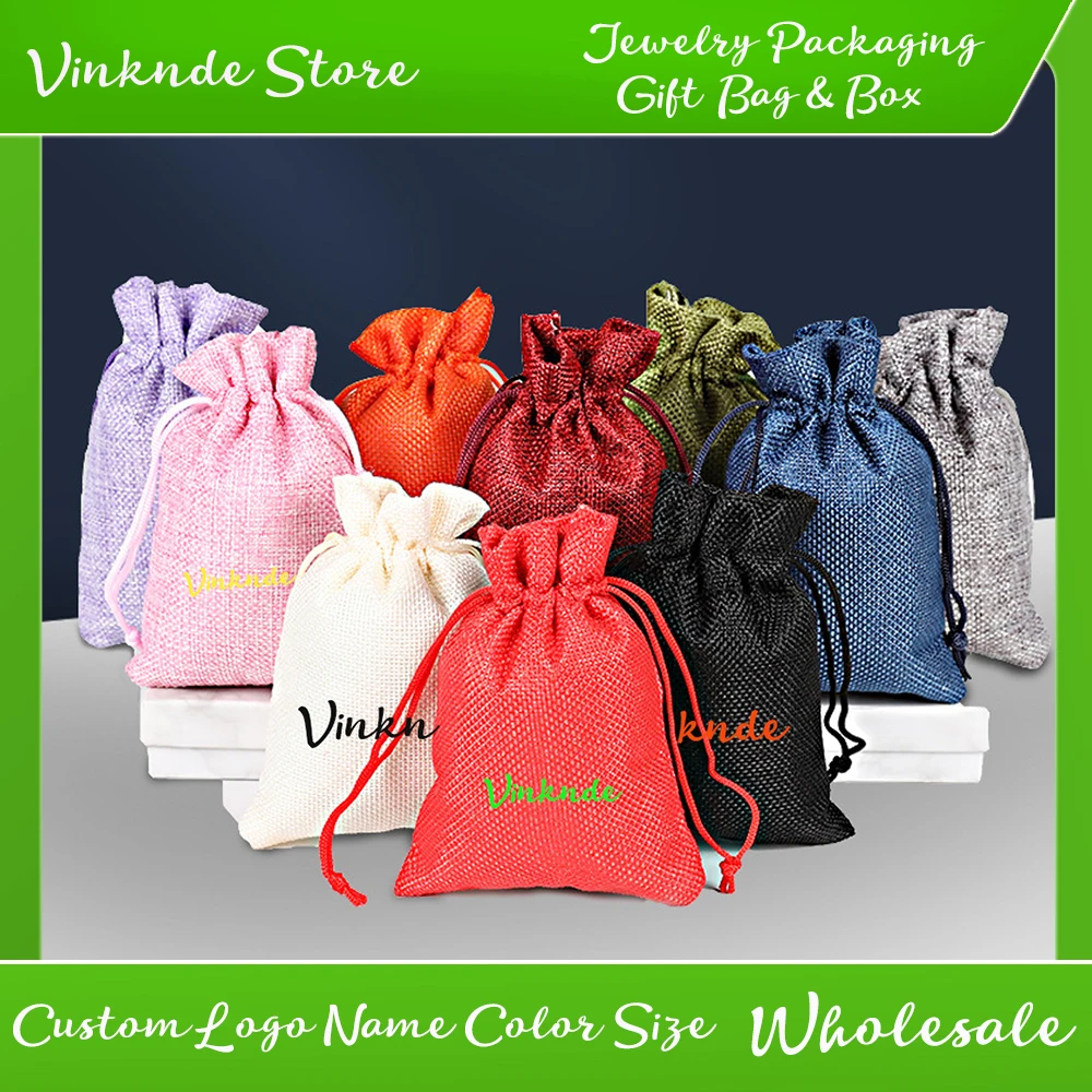 

0Pcs Custom Logo Linen Cotton Burlap Gift Bags Party Wedding Favors Drawstring Candy Nuts Jewelry Travel Dustproof Packaging