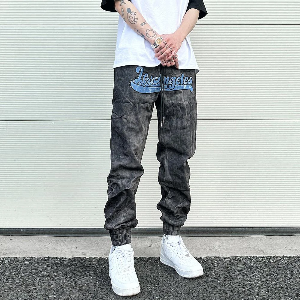 Hip-hop Snowflake Washed Denim Sweatpants Joggers Embroidered Relaxed Fitting Men's Casual Distressed Jean Pants Y2k Baggy