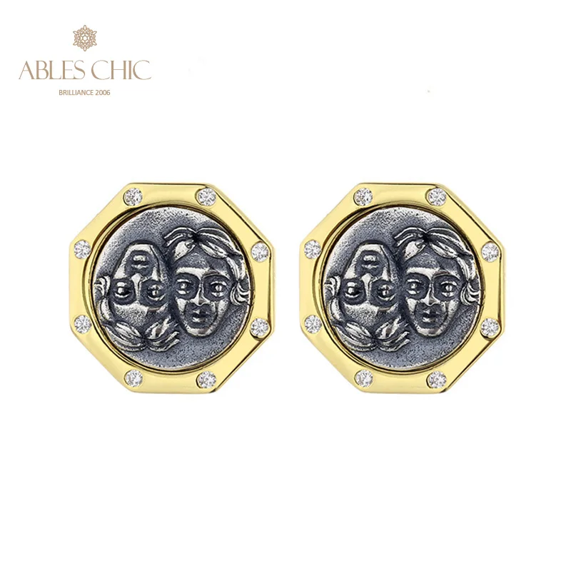 

Gemini Greek Replica Silver Coins 18K Gold Two Tone Solid 925 Silver CZ Accent Stud Earrings E1063