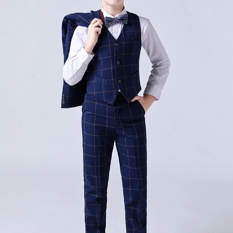 Boys Costume Children Elegant Party Clothes Teenager Blue Plaid Performance Blazer Kids Formal Bowtie Tuxedo Young Wedding Suit