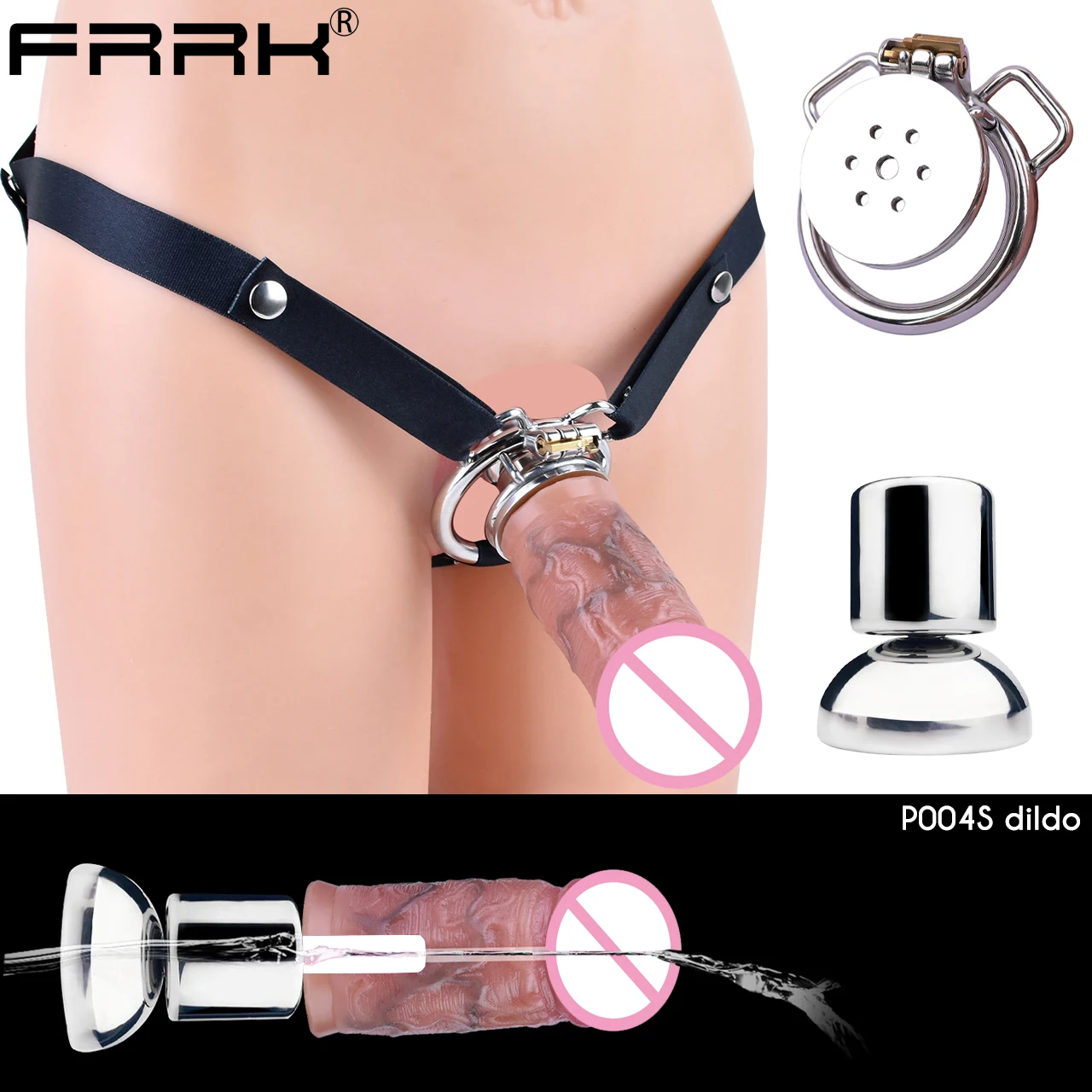 قفص العفة المعدني FRRK مع حزام شريط أسود واقعي قابل للفصل، قفص القضيب المسطح، دسار الشرج، ألعاب السيسيس ضبط النفس BDSM #1