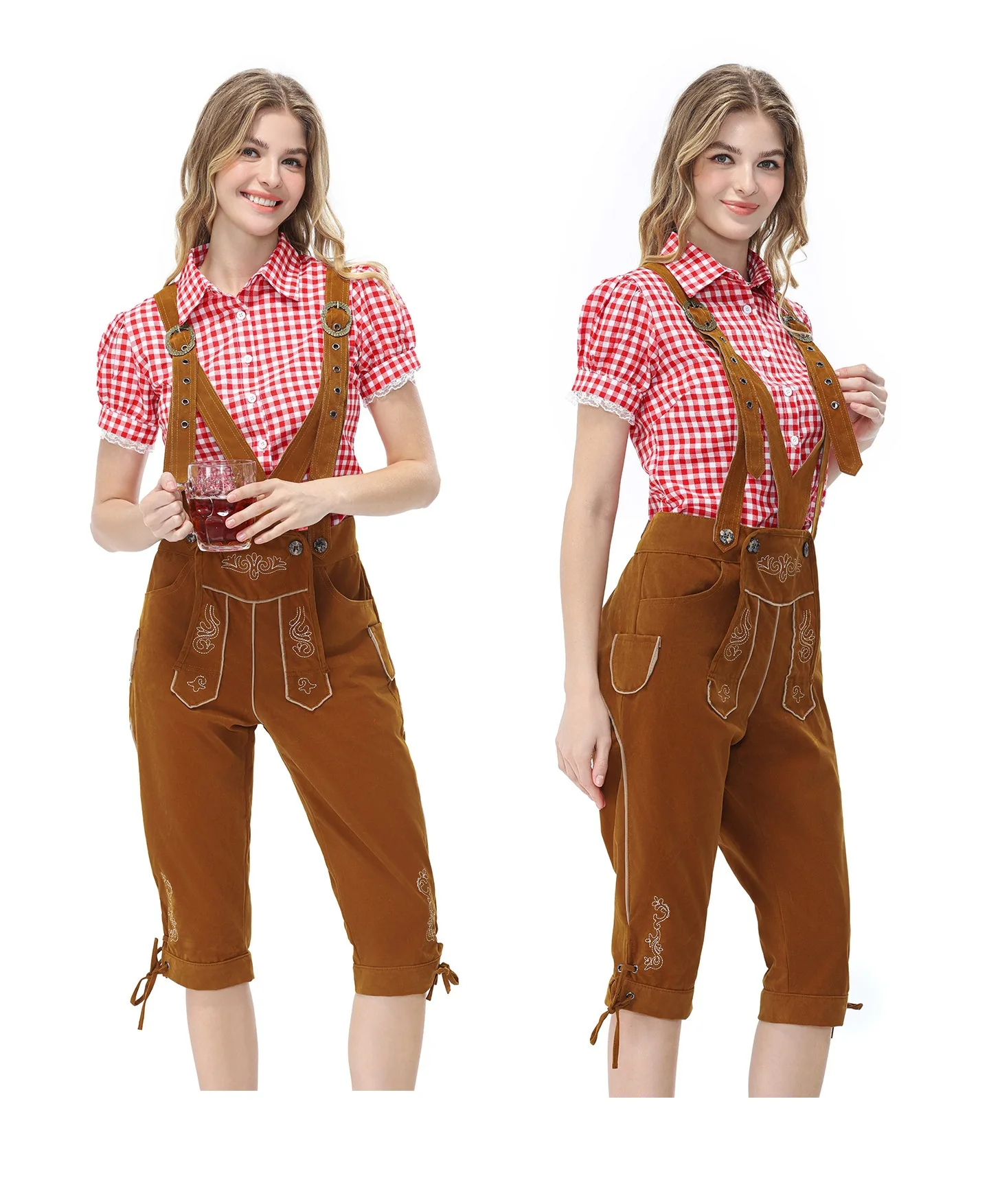 Vintage Bayerisches Lederhosen-Outfit für die Familie, Weißes Karohemd, Bestickte Hosenträgerhose, Oktoberfest-Party-Cosplay-Kostüm – Detail 17