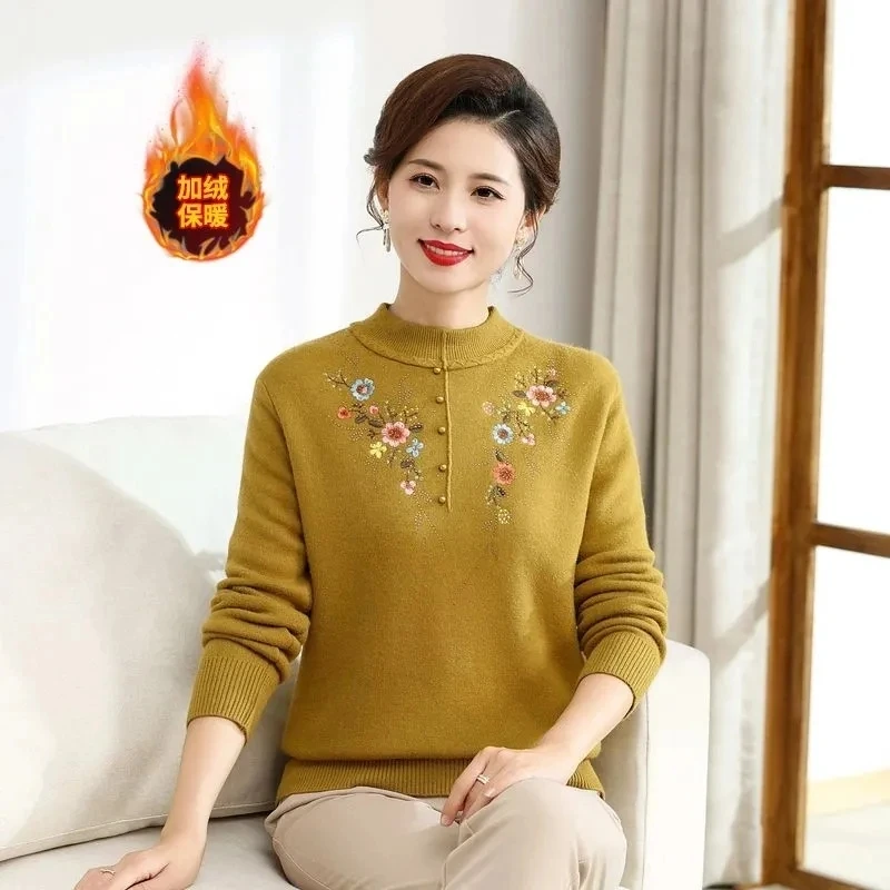 Autumn Winter Mother Warm Sweater Integrated Velvet Embroidered Sweaters Middle-aged Elderly Women Thick Knitted Pullover Tops