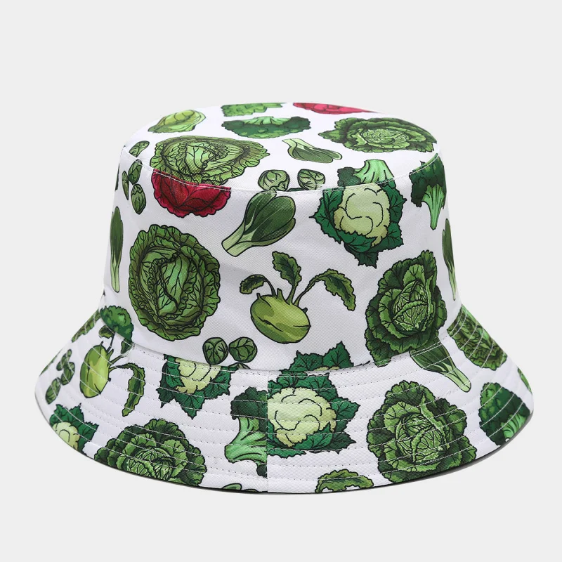 Reversible Vegetable Print Bucket Hat Unisex Summer Sun Hat Casual Double Sided Fisherman Cap for Outdoor Travel Beach