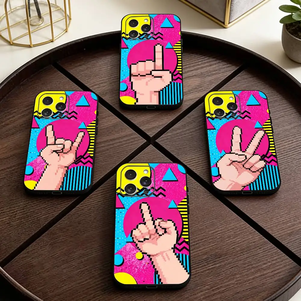 

Pixel Art Gesture Design Phone Case For iPhone 17,16,15,14,13,12,11 Plus,Pro Max,XS,Soft Silicone Black Cover