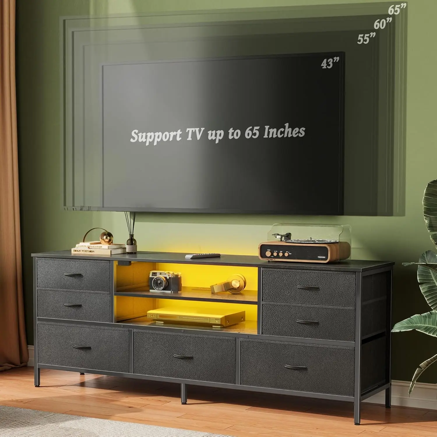 حامل تلفزيون ذو 7 أدراج مع أضواء LED ومنافذ طاقة، ودعم تلفزيون 60 بوصة، ووحدة تحكم من جلد البولي يوريثان الأسود