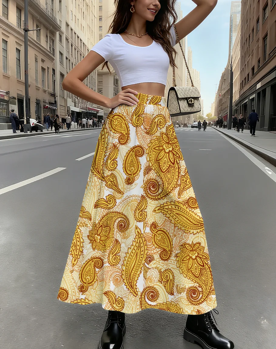 Printed Design Yellow & White Paisley Print All-Season Women's Maxi Skirt Half Skirt