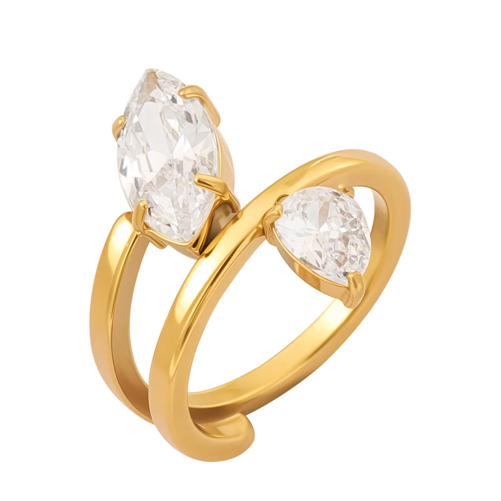 French Irregular Two Zircon Rings PVD 18K Plated Gold Stainless Steel Waterproof Fade-Resistant Jewelry for Wome