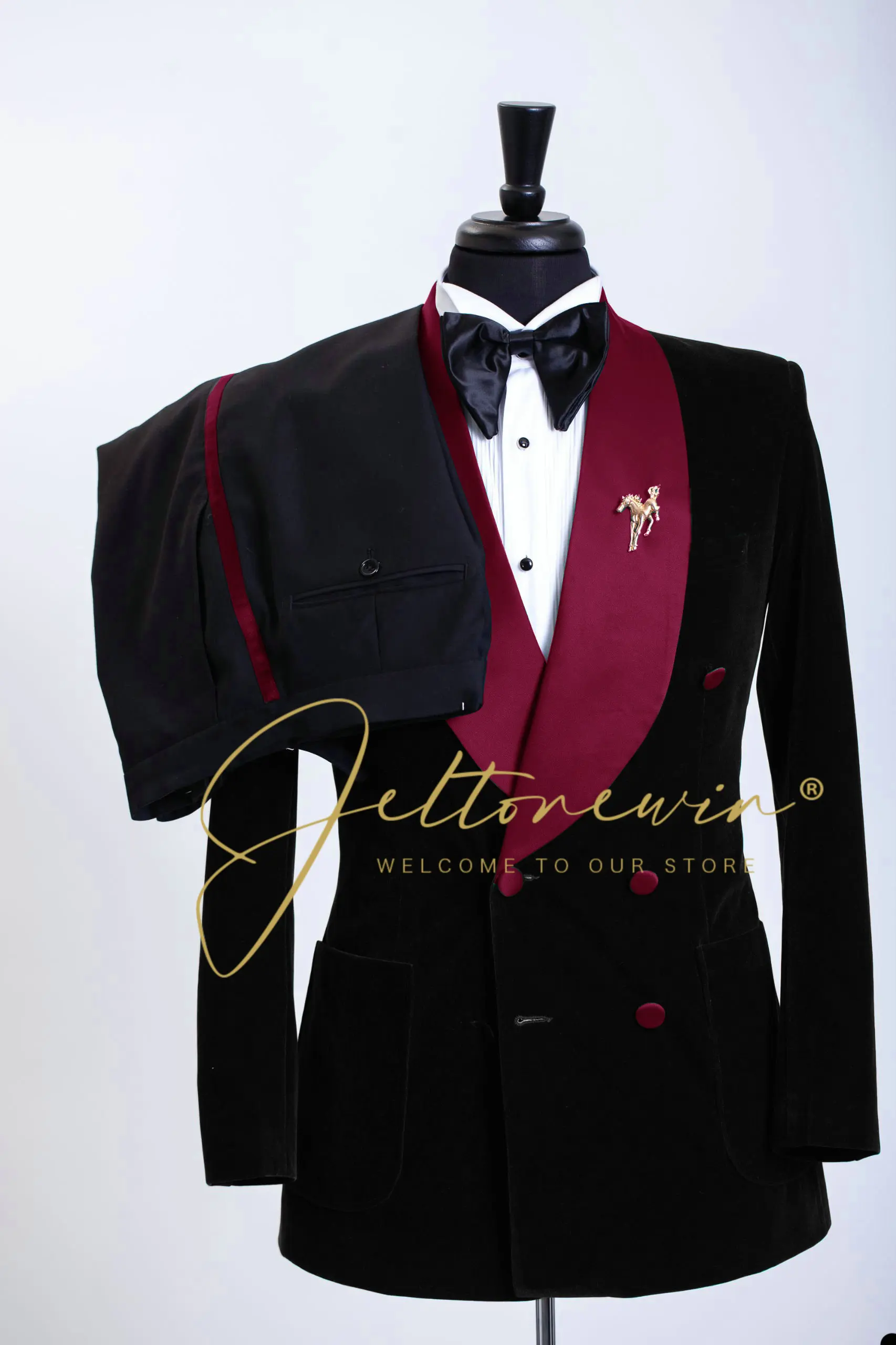 

JELTONEWIN 2023 Black Velvet Blazer Burgundy Satin Lapel Double Breasted Wedding Groom Suits For Men Formal Prom Dinner Tuxedo