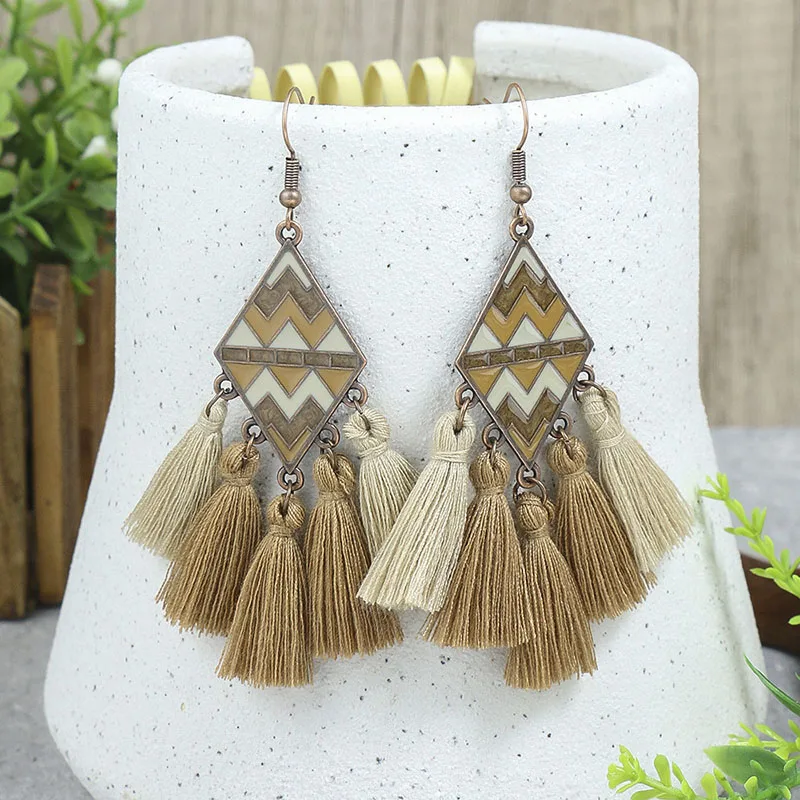 Ethnic Bohemian Tassel Fringe Long Dangle Earring For Women Wooden Beaded Geometric Handmade Drop Earrings Jewelry Pendientes