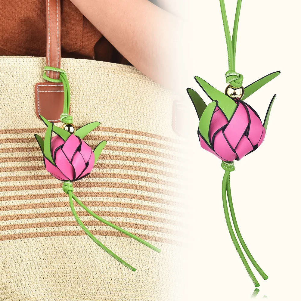 Leather Bag Charm Handmade Woven Dragon Fruit Purse Ornament Calfskin Fruit Keyring Luxury Pendant Accessories for Straw Tote