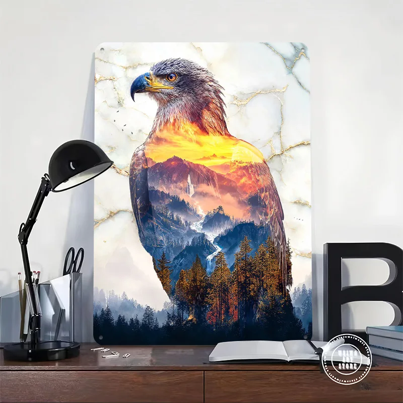 Golden Eagle's Sunset Realm 3D Texture Printed Poster Custom Vintage Metal Tin Plate Sign for Wall Art Office Decor Room Home
