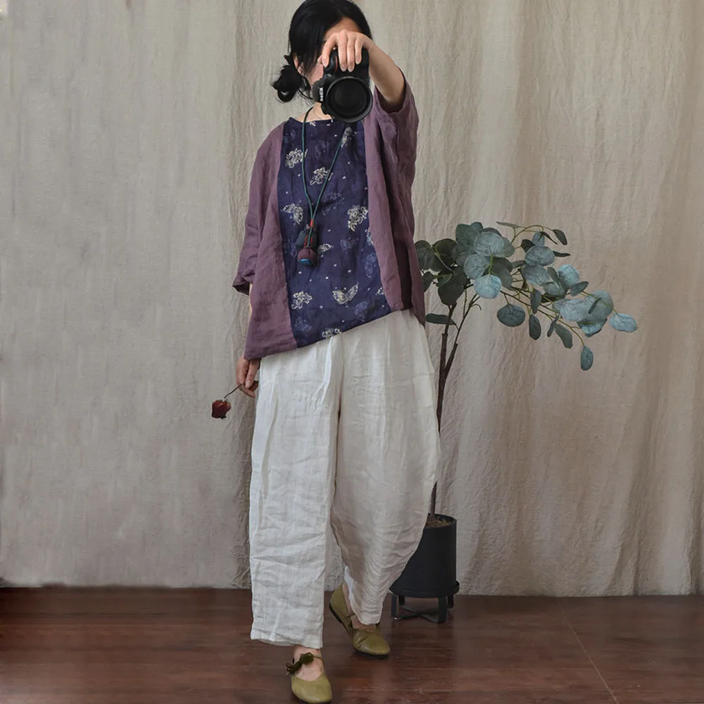 여름 빈티지 컨트리 스타일 블라우스 여성용 리넨 패치 워크 라미 셔츠 풀오버 라운드 넥 3/4 슬리브 캐주얼 루즈 쇼트 탑