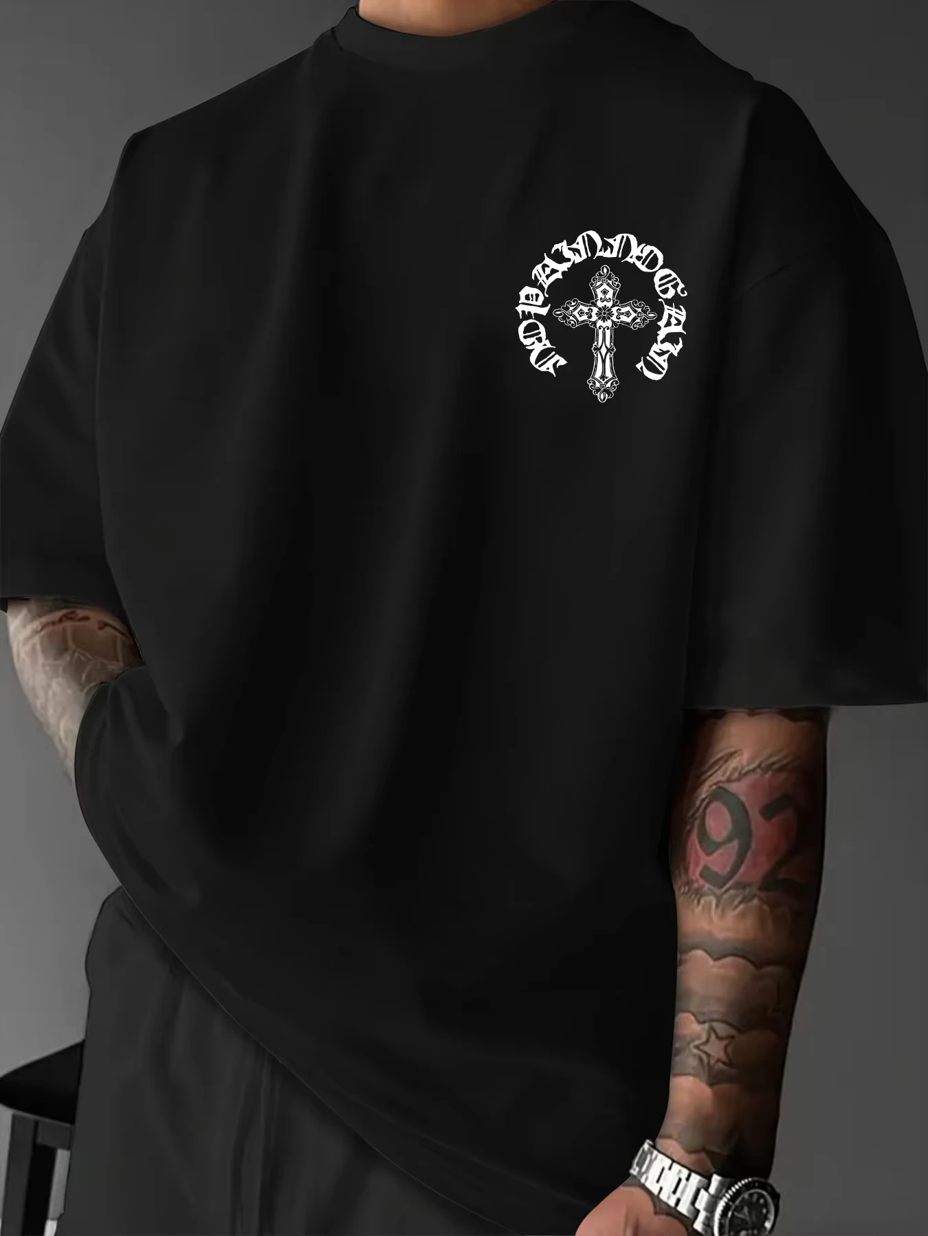 Men's Gothic Streetwear T-Shirt Ornate Cross Circle Script Graphic Print Crew Neck Short Sleeve Polyester Tops Casual Hip Hop