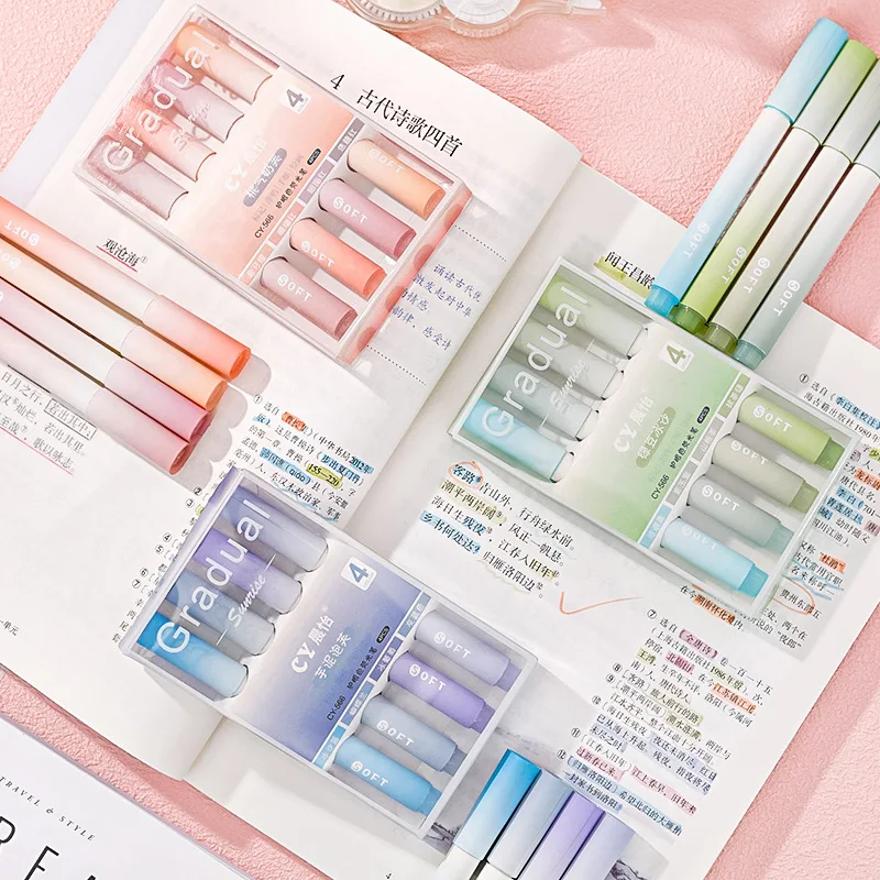 School Gradient Eye Protection Color Oblique Head Highlighter Student Notebook  Pen Large Capacity Set 4 Pack Marker  Wholesale
