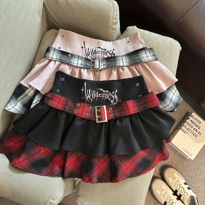 

Юбка-мини в клетку MEXZT Y2K для женщин, в стиле Харадзюку, готическая, с поясом и оборками, летняя, в стиле Гяру, японский гранж-дизайн, А-силуэт, Faldas