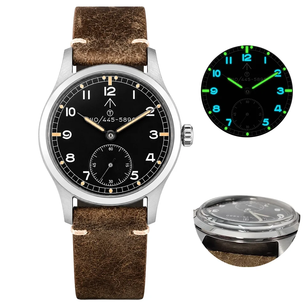 HRUODLAND Military Watch for Men Quartz Watch Arabic Numeral Dial BGW9 & C3 Lume Domed Crystal VD78 Movement Leather Strap