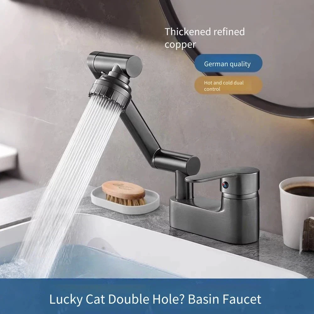 Washbasin Double Hole Faucet Hot and Cold Mixing Valve Bathroom Household Refined Copper