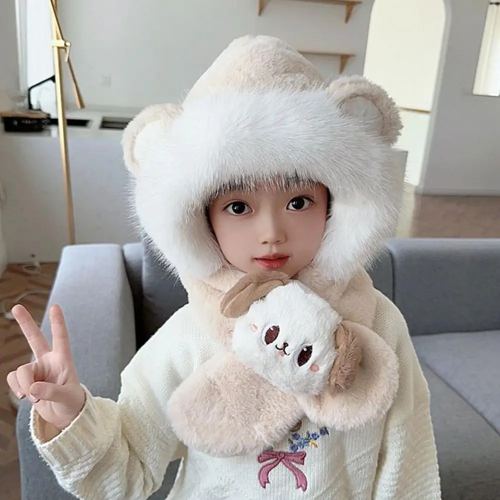 Children Thermal Hat Kids Winter Hat Scarf Set Plush Ear Flap Knit Accessories Boys Girls Warm Thickened Windproof Teddy Bear
