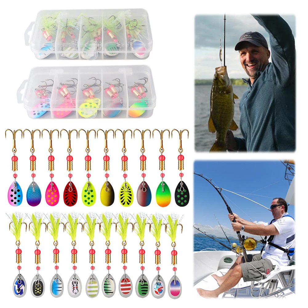 Señuelo de pesca giratorio con cuchara de Metal en caja, 10 Uds., con anzuelos triples, Wobblers de pesca, cebo duro, Kit de cuchara giratoria, regalo para hombres y padre