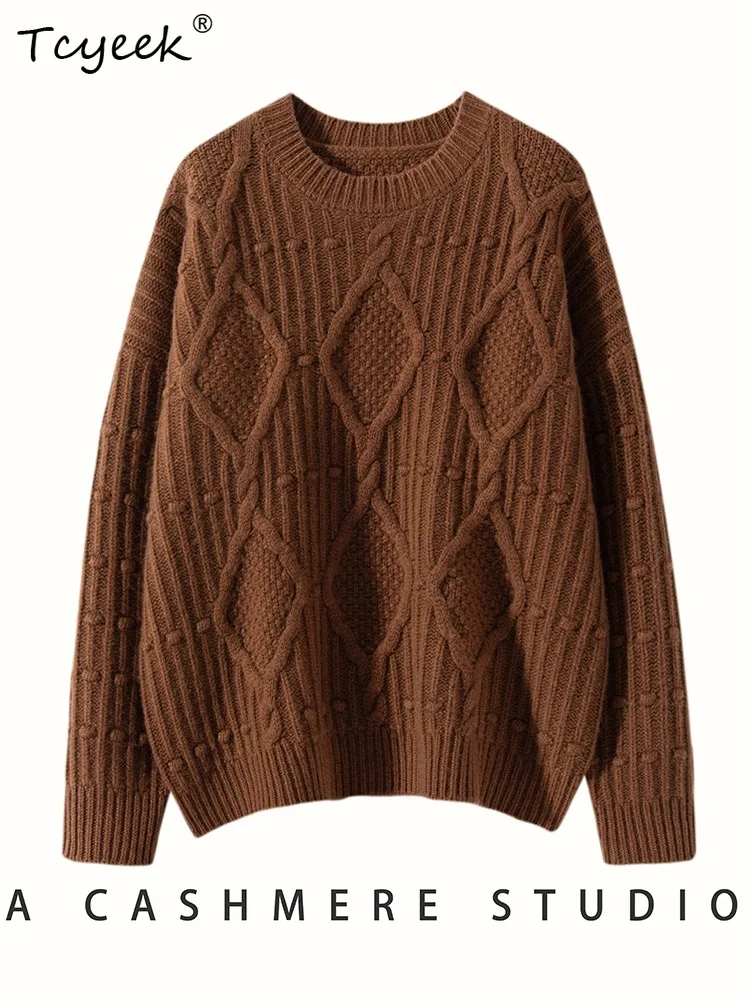 

Tcyeek, 7G Cashmere Wool Blended Sweaters, Women O-Neck Twisted Thick, Fashion Loose Pullover, Autumn Winter New Top T48454QM
