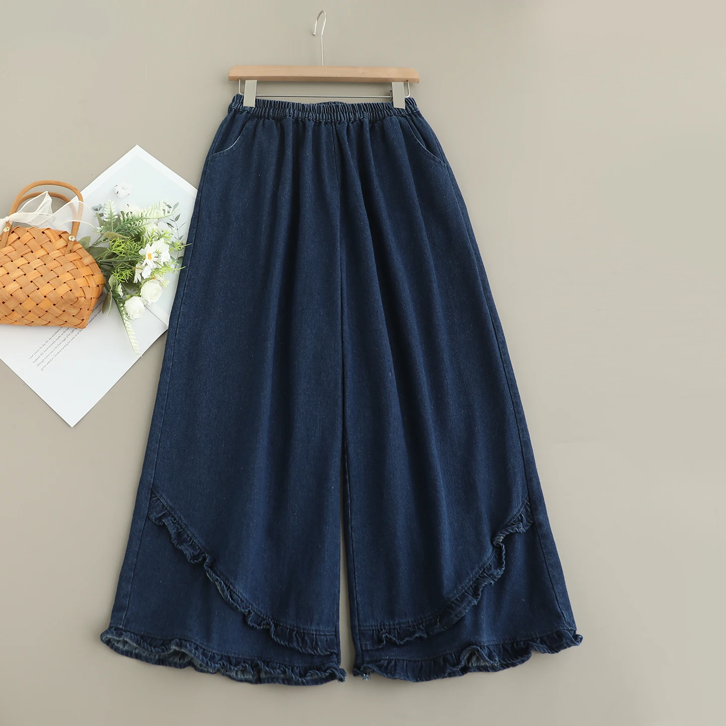 일본 빈티지 모리 걸 솔리드 컬러 데님 와이드 레그 팬츠 여성 가을 새로운 탄성 허리 캐주얼 루즈 스트레이트 청바지 바지