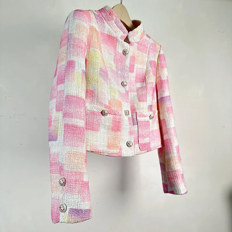 Imagem -02 - Cabolsa Xadrez Rosa Feminino de Tweed Decote em o Cabolsas Curtos Botão de Diamantes Moda Chique Passarela Alta Qualidade Novo Outono Inverno 2024