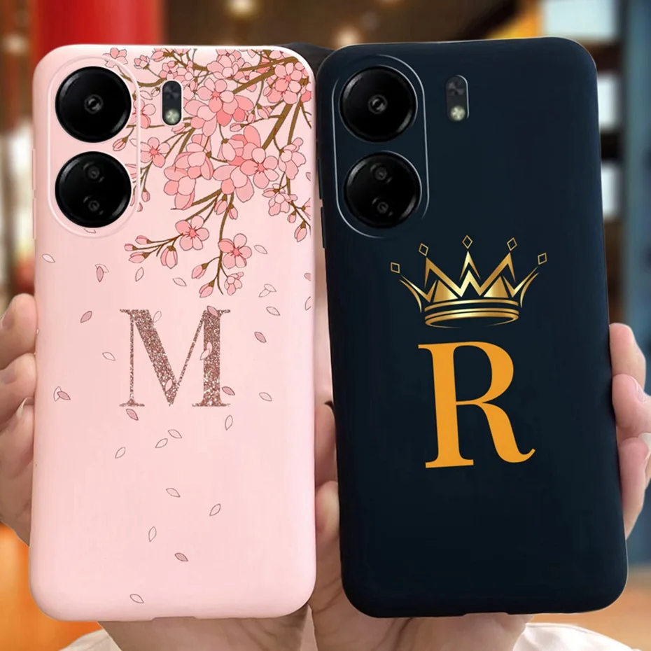 Case For Xiaomi Redmi 13C Fashion Crown Sakura Initial Letter Phone Bumper For Redmi 13C 4G Redmi13c Soft Silicon Back Cover