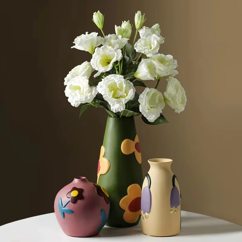 Cutelife Nordic Large Ceramic Painted Morandi Flower Vase Retro Style Plant Vases For Decoration Home Vintage Wedding Table Vase