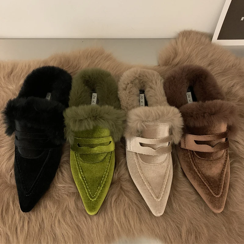 Women Luxury Velvet Mules  Pointy Toe Slip-on Fur Sandals Ladies Brand Design Outdoor Furry Slides Evening Party Heeled Shoes