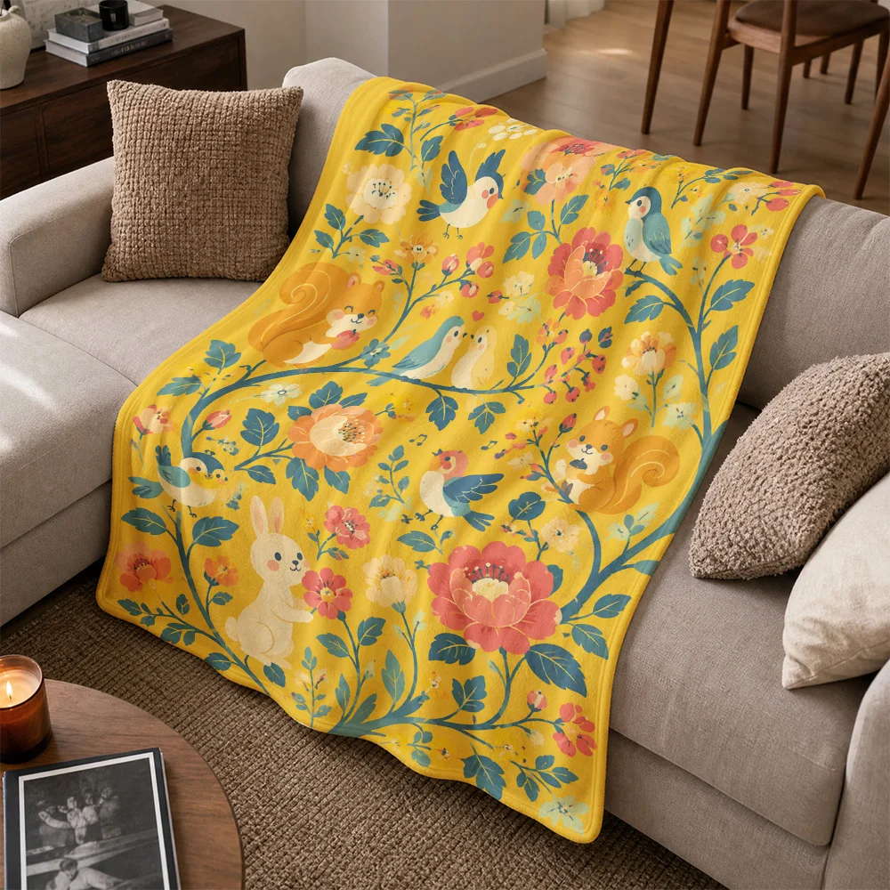 Whimsical Floral Throw Blanket for Sofa Couch Decor Spring Summer Yellow Pattern Animal Print Cottagecore Cozy Decorative Throw