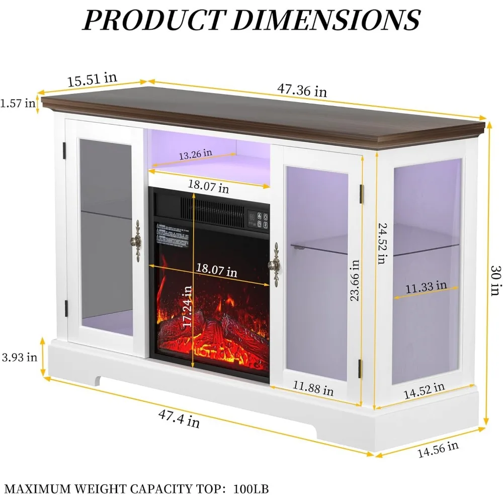Caminetto Elettrico con LED, Caminetto Elettrico Supporto TV con Porte in Vetro e Shlef Regolabile, Camino Media Cons