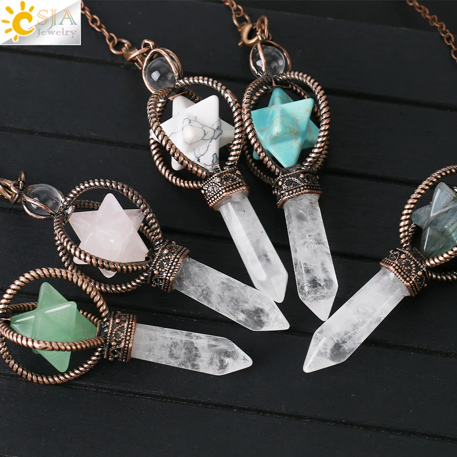 CSJA Esotericism Crystal Pendulums for Dowsing Divination Pendulum Merkaba Natural Stone Pendant Clear Quartz Red Bronze G930