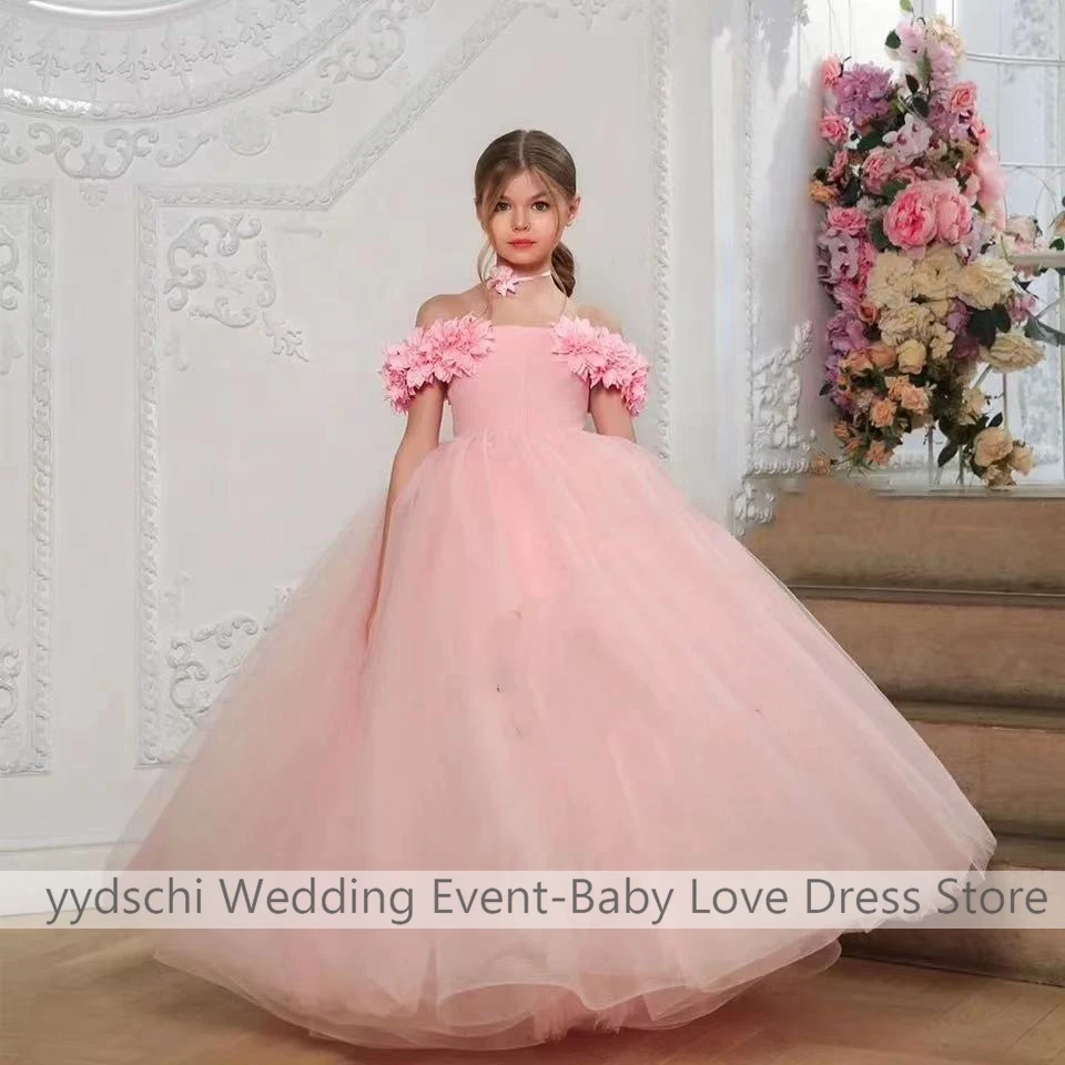 

Customized Pink 2024 Pretty Dress Flower Girl Dresses For Wedding Pageant Ball Gowns Applique Tulle Elegant Beach Party Dress