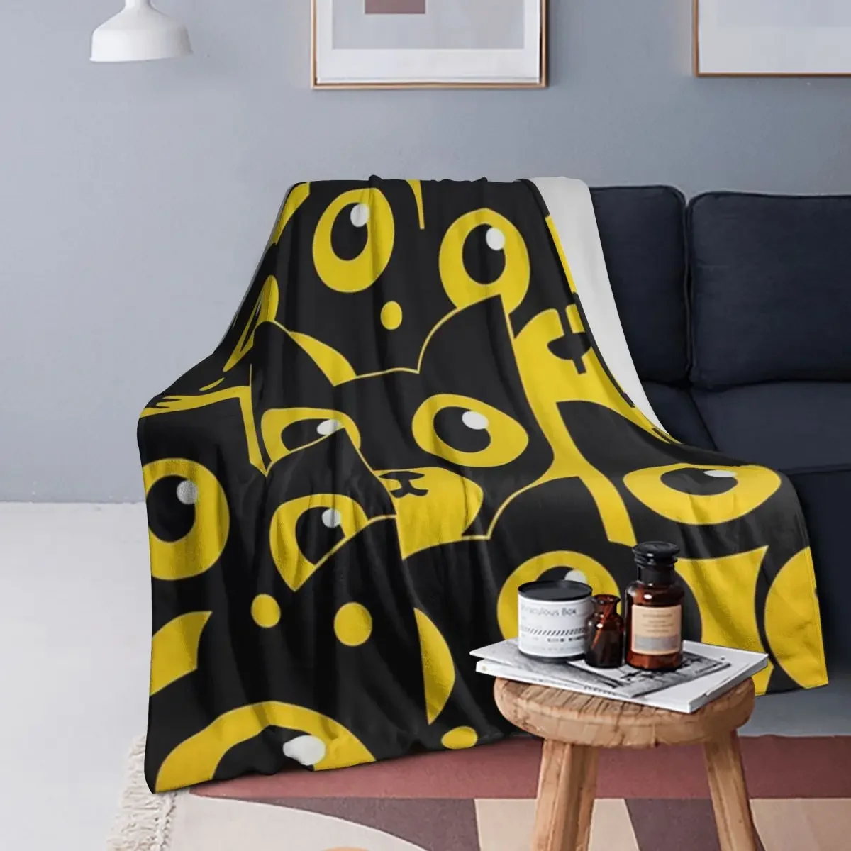 

Cute Black Cat With Yellow Eyes Blankets Soft Warm Flannel Throw Blanket Plush for Bed Living room Picnic Travel Home Sofa